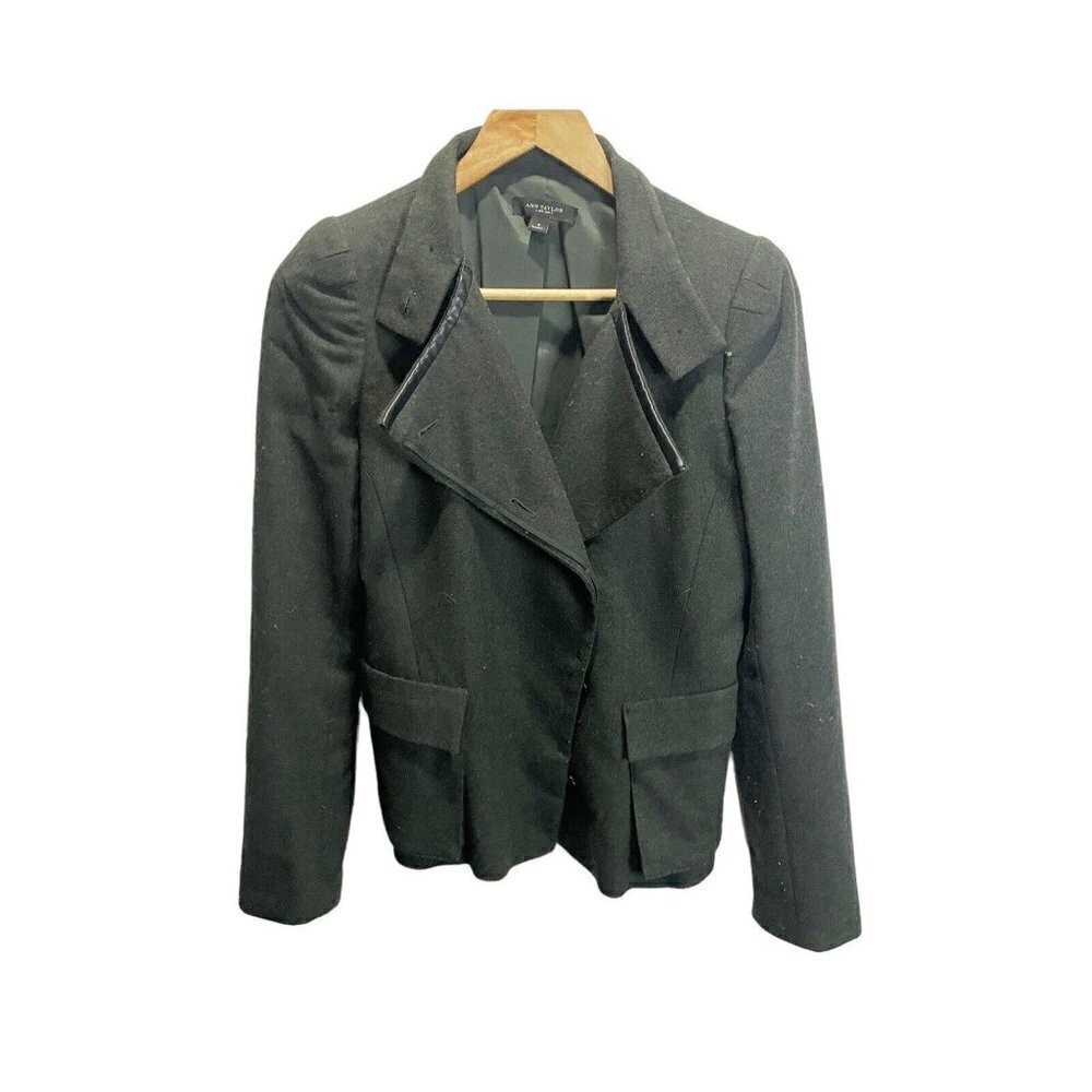 Ann Taylor‎ Blazer Women 4 Green Wool Blend Faux Leather Trim Asymmetric Career